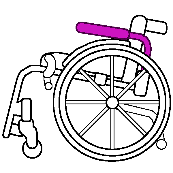 A black and white rigid wheelchair in profile with a bright pink arm rest.